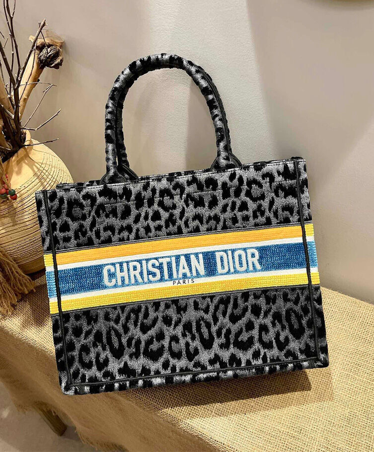 Christian Dior Book Tote Velvet Mizza Embroidery Canvas Dark Gray